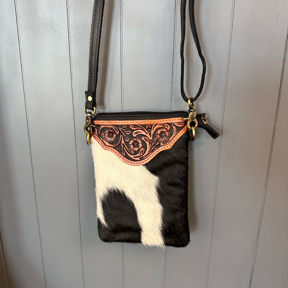 Leather American Darling Black and White Crossbody Bag with Floral Tooling